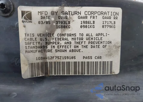 2005 Saturn Ion 3 z USA, uszkodzony, nr VIN 1G8AW12F75Z159105